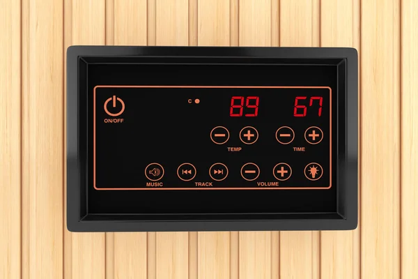 Sensor Regulación Temperatura Control Calentador Sauna Pantalla Sobre Fondo Pared — Foto de Stock