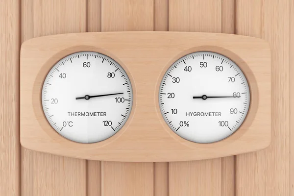 Drewniany Termometr Urządzenie Higrometryczne Sauny Drewnianej Ścianie Sauny Deskowej Renderowanie — Zdjęcie stockowe