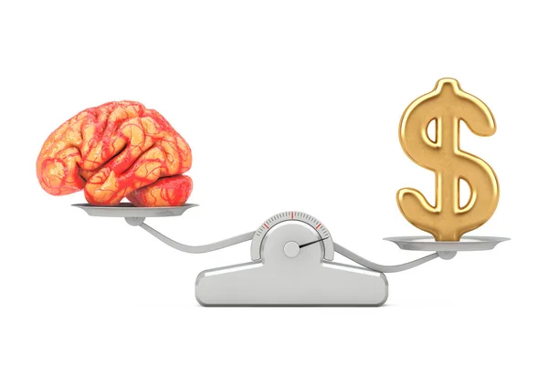 在一个白色背景的简单称重天平上 有大脑平衡的金美元符号 3D渲染 — 图库照片