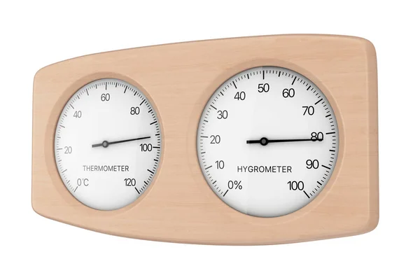 Holzthermometer Und Hygrometer Für Die Sauna Auf Weißem Hintergrund Darstellung — Stockfoto
