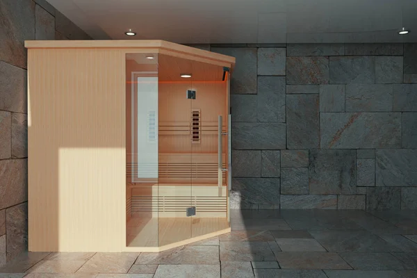 バスルームで古典的な木製の赤外線フィンランド式サウナキャビンインテリア極端なクローズアップ 3Dレンダリング — ストック写真