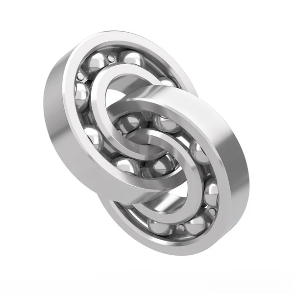 Två Anslutna Blanka Chrome Steel Ball Bearings Vit Bakgrund Konvertering — Stockfoto