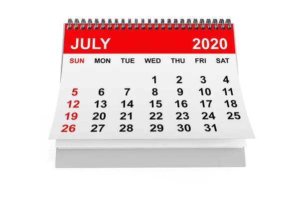 2020 Έτος Ιούλιος Ημερολόγιο Λευκό Φόντο Απόδοση — Φωτογραφία Αρχείου