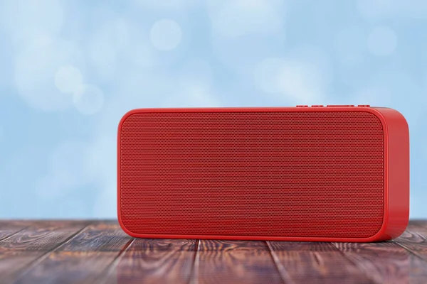 Red Portable Waterproof Wireless Speaker Wooden Table Rendering — Stock Photo, Image