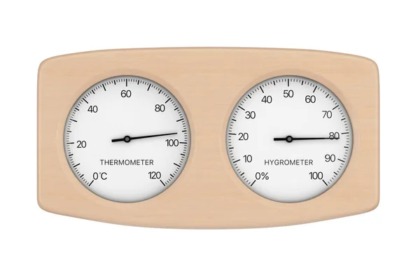 Ξύλινο Θερμόμετρο Και Συσκευή Υγρόμετρου Για Σάουνα Λευκό Φόντο Απόδοση — Φωτογραφία Αρχείου
