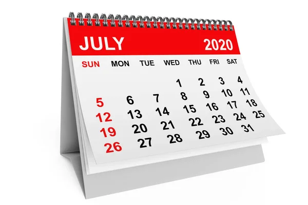 2020 Ano Julho Calendário Sobre Fundo Branco Renderização — Fotografia de Stock