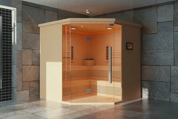 Classic Wooden Infrarered Finnish Sauna Cabin Bathroom Interior Extreme Closeup — Stock Photo, Image