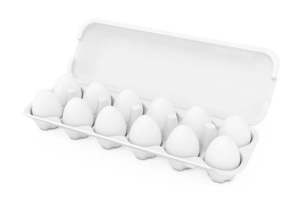 白色新鲜鸡蛋在纸箱包装容器作为粘土风格的白色背景 3D渲染 — 图库照片