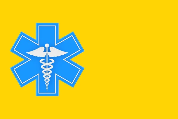 蓝色紧急医疗生命之星 白色卡杜斯医疗符号 黄色背景 3D渲染 — 图库照片