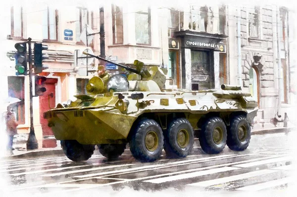 L'aquarelle dessinant l'équipement militaire dans les rues Russie — Photo