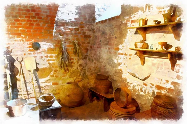 A watercolor drawing of the cellars of the old castle, utensils — Stock Photo, Image