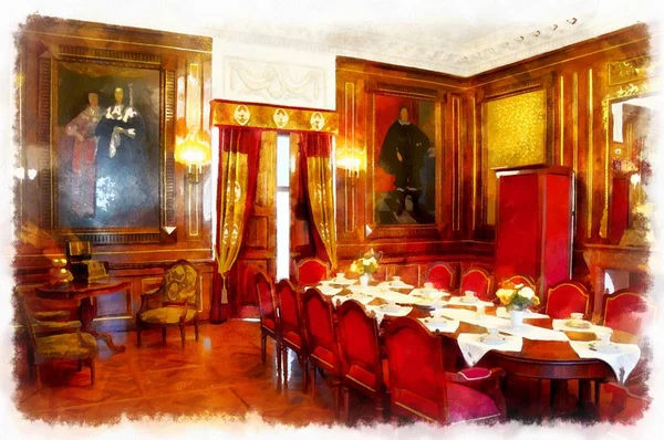 the watercolor drawing dining hall of the old castle