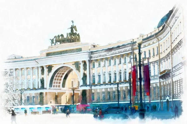 Dessin aquarelle Place du Palais Saint-Pétersbourg Images De Stock Libres De Droits