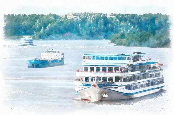 Les bateaux de dessin à l'aquarelle sur la Volga Photo De Stock