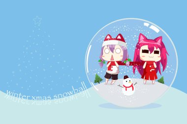 İkili kawaii mutlu kız pembe saç çizgi film karakteri birlikte kırmızı eşarp takıyor, kardan adam ve Noel ağacı kar küresinde mavi arka planda, düz dizayn tarzında..