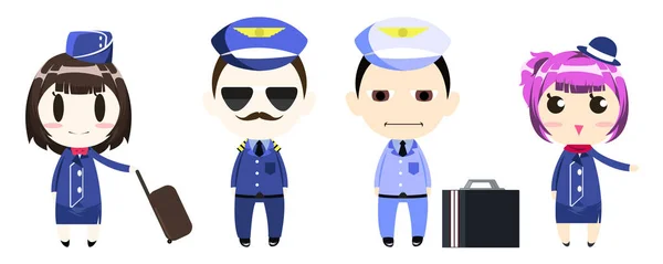 Pilote Capitaine Équipage Hôtesse Air Uniforme Personnage Dessin Animé Style — Image vectorielle