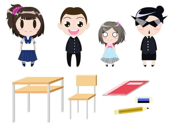 Conception Personnage Dessin Animé Uniforme Étudiant Avec Stationnaire Table Chaise — Image vectorielle