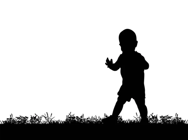Vector, silhouet van een baby lopen op gras, geïsoleerd — Stockvector