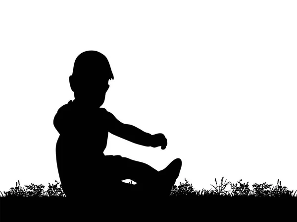 Вектор, силуэт ребенка, сидящего на траве, изолированный — стоковый вектор