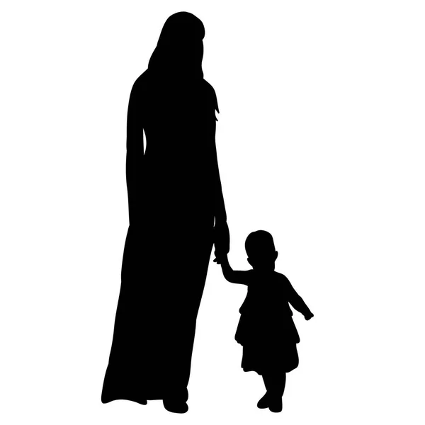 Wektor, sylwetka Mama chodzenia za rękę z dzieckiem w izolacji — Wektor stockowy