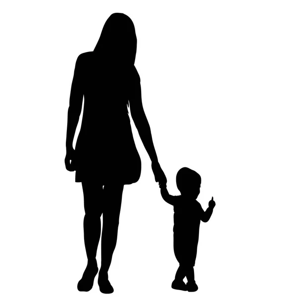 Vektör, anne çocuk ile elle yürüyüş silüeti — Stok Vektör