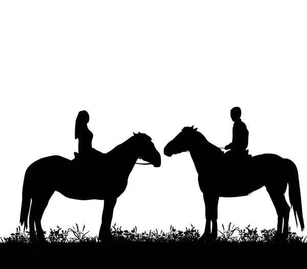 Vector, silhouette of a guy and a girl on horseback, walk — Stock Vector
