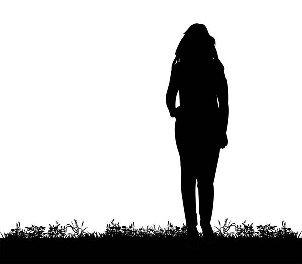 Vector, silhouette of a girl is standing on the grass