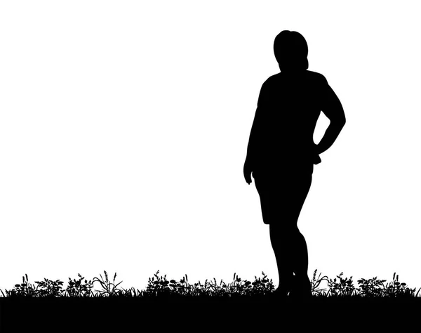Silhouet van een meisje is permanent op het gras — Stockvector
