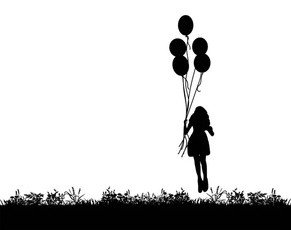 Vetor, silhueta, criança pulando com balões — Vetor de Stock