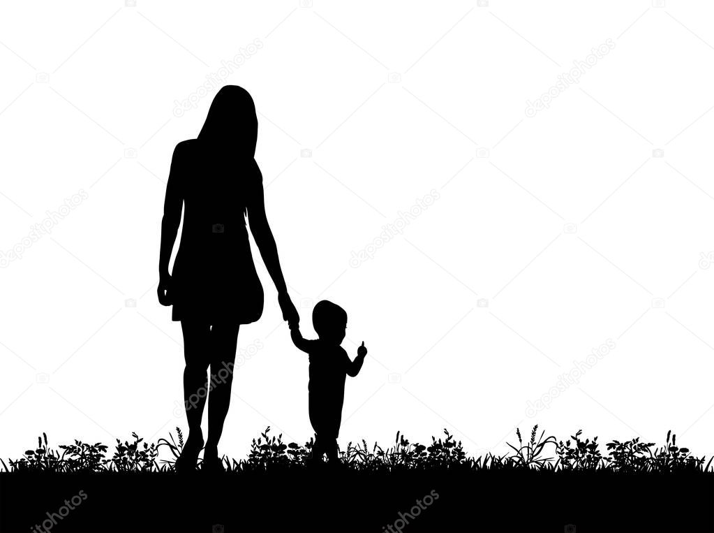 Vector, silhouette of mother walking with hand with child