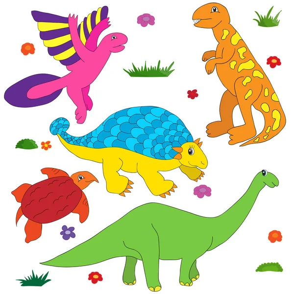 다채로운 멀티 문자를 색칠 하는 공룡 만화 설정 — 스톡 벡터