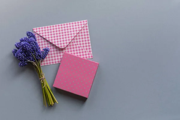 Flat pink envelope, pink present gifrtbox and the blooming bouquet of muscari (hyacinth) on the pastel blue mock up