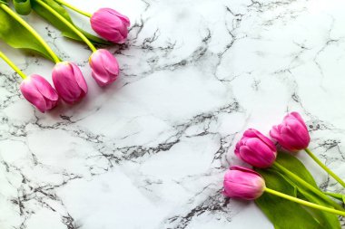 Mermer arka planda pembe laleler var.