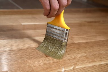 Paintbrush ile vernikleme parke zemin - ikinci katman. Ev yenileme parke. Ahşap parke üzerinde vernik boya fırçası darbeleri. Son derece parlak parke cilası uygulaması