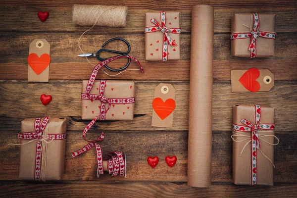 Dia Dos Namorados Casamento Outra Composição Férias Caixas Presente Embrulhado — Fotografia de Stock