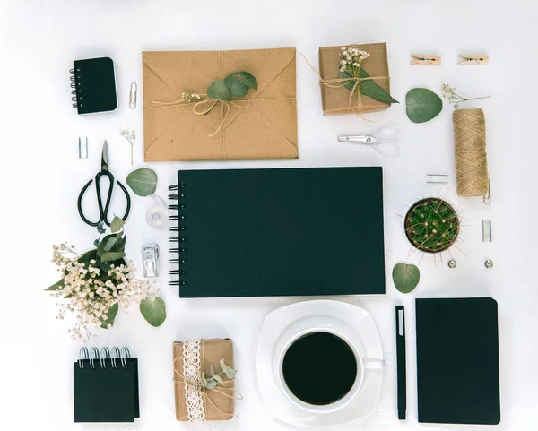 Flat lay workspace. Wedding planning, invitation cards and decoration. Overhead view, top view