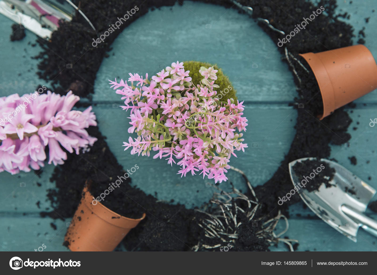 Gardening Tools Watering Can Seeds Plants And Soil On Vintage Gardening Tools Watering Can Seeds Plants And Soil On Vintage Wooden Table