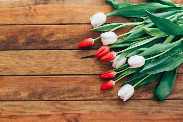 Weiße und rote Tulpen über Holzgrund mit Kopierraum — Stockfoto