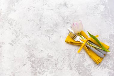 Paskalya sofra bahar çiçekleri ve çatal bıçak takımı. Tatil arka plan
