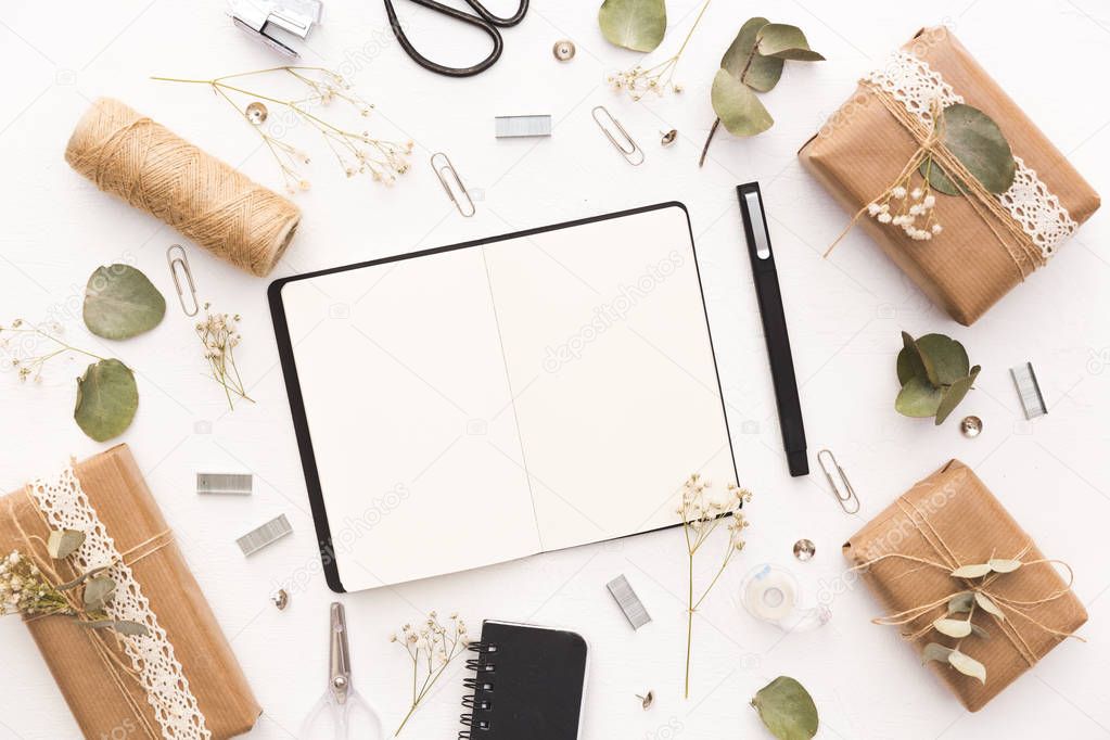 Workspace. Wedding planner. Decorations. Overhead view. Flat lay, top view. Copy space