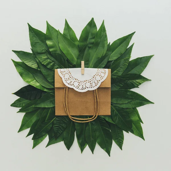 Composición plana con hojas verdes y bolsa de papel — Foto de Stock