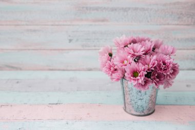 Kova ahşap arka plan üzerinden çiçeklenir. Eski püskü şık stile. Metin için yer 