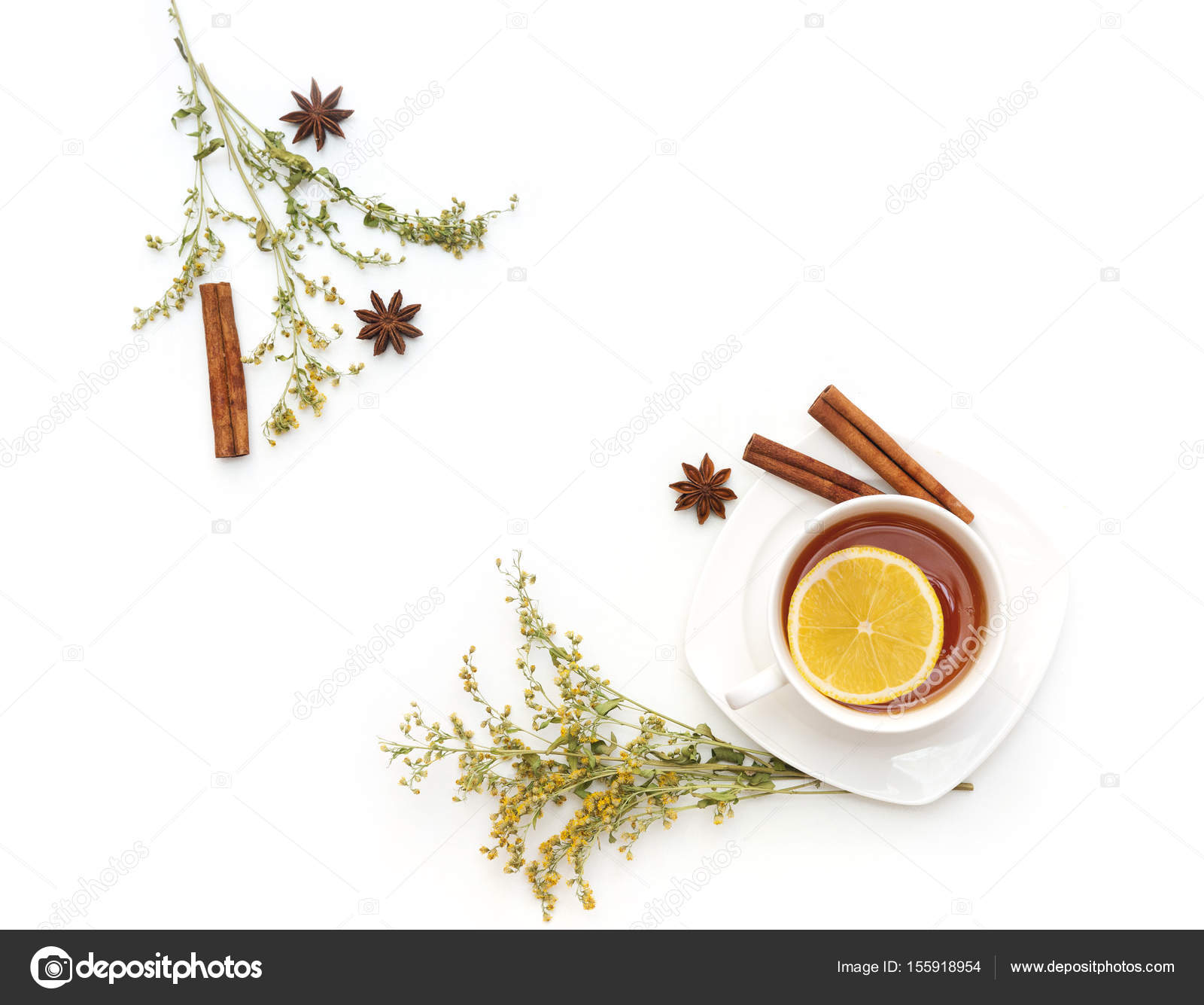 Tea set with herbs, ginger and anise on white background. Flat lay, top