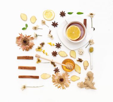 Bitkisel çay mini mutfak takımı. Taze nane, peteğin, limon, zencefil beyaz arka plan üzerinde. Düz yatıyordu, en iyi görünüm, kopya alanı