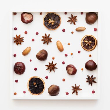 Kestane, anason star izole beyaz arka plan, üstten görünüm, düz lay ile desen