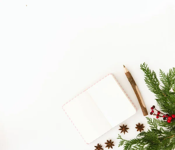 Kreatív összetétele Jegyzetfüzet-val fenyő fa, a fehér asztal felülnézet. Tervezési koncepció. Karácsonyi háttér. Lapos feküdt. Másolja a hely — Stock Fotó