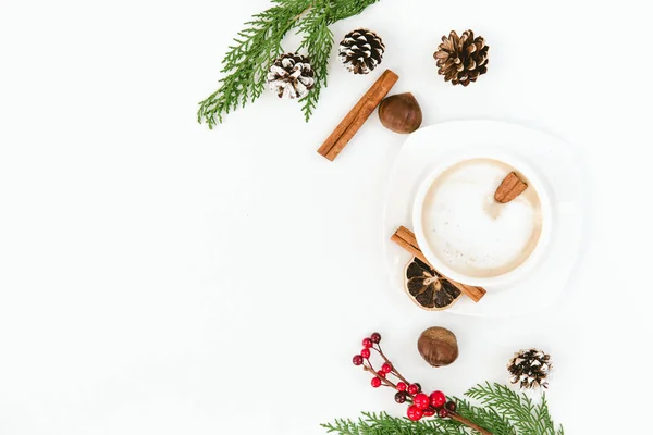 Vánoce. Šálek kávy, modřínové větve, tyčinky skořice, nad bílým pozadím. Plochá laických složení — Stock fotografie