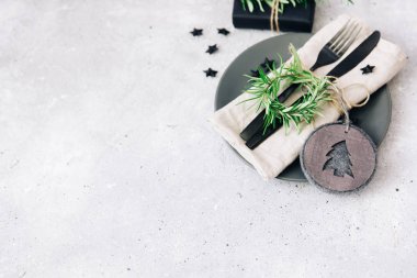 Rustik Noel yer sofra antika arka plan üzerinde. Üstten Görünüm, kopya alanı 