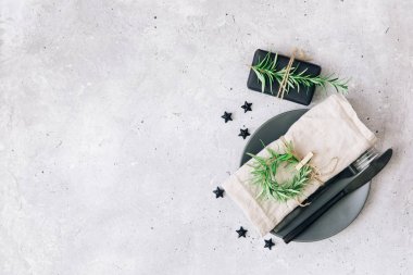 Rustik Noel yer sofra antika arka plan üzerinde. Üstten Görünüm, kopya alanı