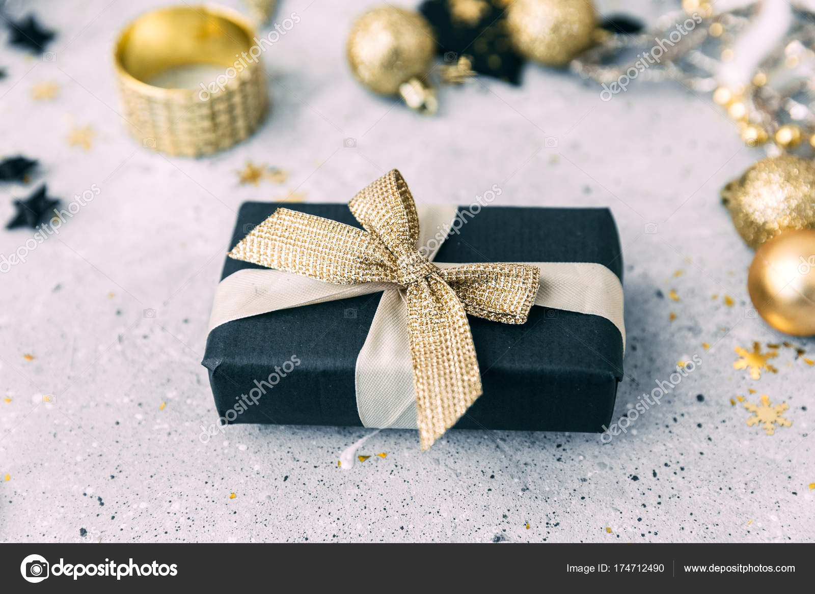 Black Gold Christmas Decorations Gift Box Stock Photo